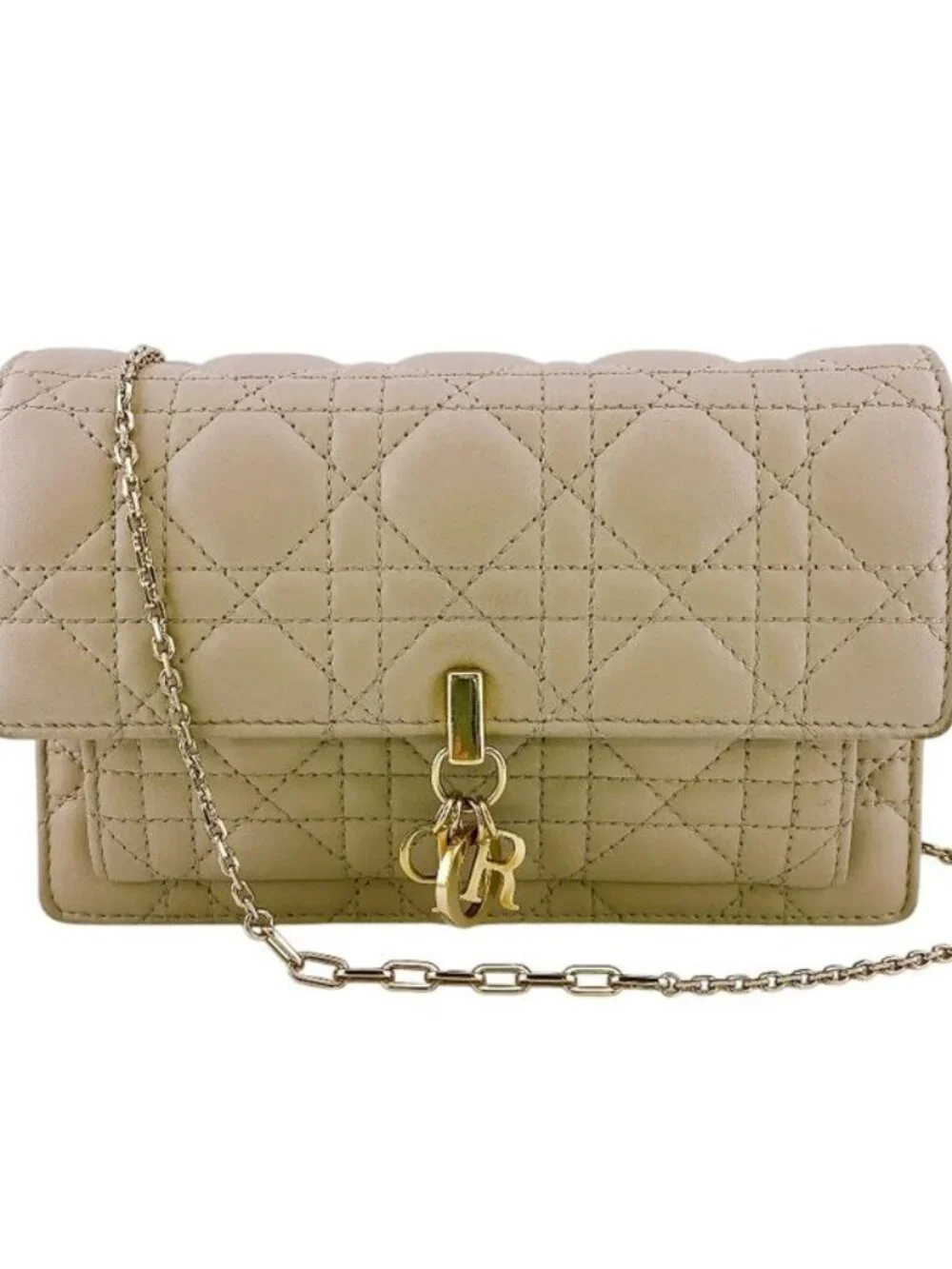 Dior Lady Logo Leather Wallet Chain Beige Handbag